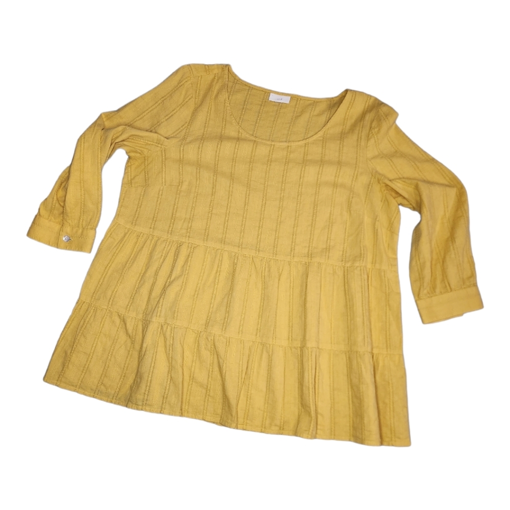 J. Jill Peplum Tiered Babydoll Woven Textured Mustard Yellow Blouse Size Large?